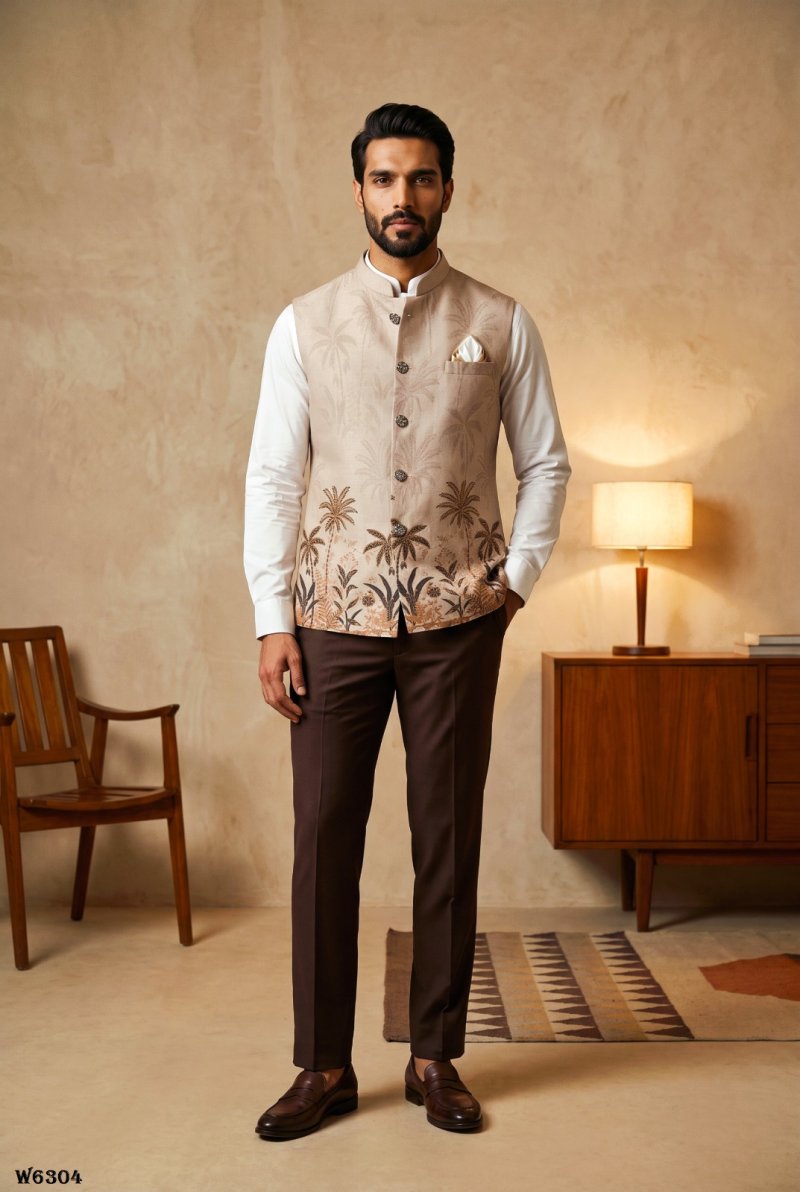 Cream Outluk Wedding Vol 63 Linen Modi Jacket Collection W6304